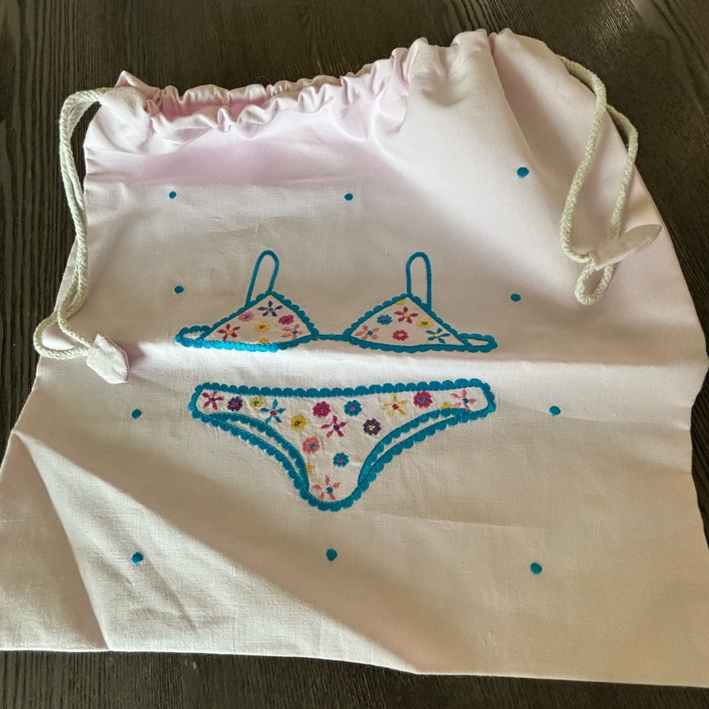 White Bikini Drawstring Bag with Blue and Pink Accents - Picture 9 of 9